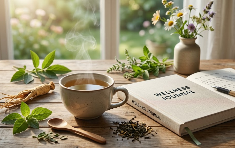 serene morning scene with herbal tea cup, natural ingredients like ginseng root, fresh green leaves and wellness journal on wooden table in soft natural light